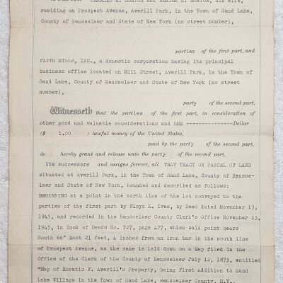 Doc # 22 Indenture 1945-12-31 FPO: Charles H. Horton and Bertha A. Horton to FM. Deeds land originally sold to the Hortons by Floyd K. Ives to FM. Apparently relates to above document #14 which notes the sale of the land from Ives to the Hortons.