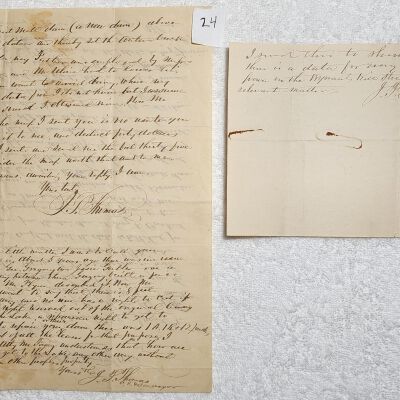 Doc # 24 Survey Documents (Continued) 1921-11-17 P2-of-4: Reverse sides of document # 24.  These documents apparently helped resolve some water rights issues particularly related to the Jepthar P. Kidder mill and water use. Includes an original handwritten survey by Burton A. Thomas of the Kidder property which James Aken "reserved for himself" from the "Factory Property" before selling it to Kidder.  Thomas advises Mahoney to substantially reduce his fee by $40 if the information provided failed to prove whatever case FM was attempting to support.