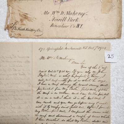 Doc # 25 Survey Documents 1921-10-07 P1-of-2: Three-page handwritten letter from Jeffery P. Thomas to William D. Mahoney. The letter proposes providing Mahoney with survey data compiled by Jefferey's father and fellow surveyor, Burton A. Thomas, and additional analysis regarding the Kidder Mill issue summarized by document #24 for a fee of $75.  Mahoney obviously accepted the offer. The letter also notes the sad news of the passing of Peter J. McCarthy.
