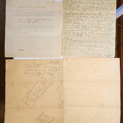 Doc # 26 Real Property Notations 1925-08-03 FPO: Unsigned.  Apparently a one-page memo to FM's files entitled, "NO RECORD OF DEEDS ON THE FOLLOWING ITEMS," documenting some real-estate research on three properties. Specifically mentions property acquired from or via Frank McCarthy, McCarthy Asset Group, Gleason Farm, William Mahoney, Victor A. Cook, Helen E. Kane, and William Gardner in the memo. Also includes 3 pages of handwritten sketches and notes that mention George Vanderzee, Michael Miller, Charlette Carmon, Harrison Ley, and Nancy Beebe.
