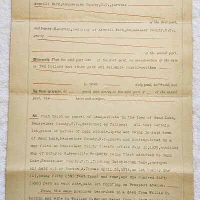 Doc # 27 Indenture 1920-08-02 FPO: William D. Mahoney and Agnes V. Mahoney to Percy E. Horton. Deeds property located near Prospect Avenue in Sand Lake from the Mahoneys to Horton. Also mentions Willis D. Larkin and Arthur M. Butler as a witness.
