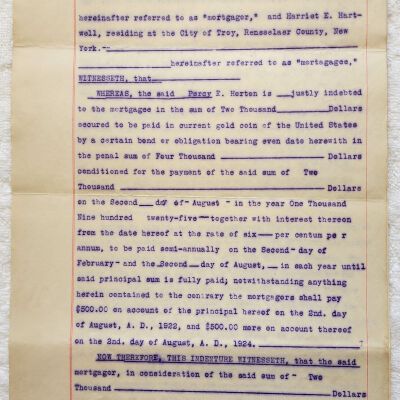 Doc # 28 Indenture 1920-08-02 FPO: Percy E. Horton and Jennie E. Horton to Harriet E. Hartwell. Unsigned blue carbon copy mimeograph. Establishes a mortgage for the sale of property in Sand Lake from the Hortons to Hartwell. Likely relates to above Document #27.