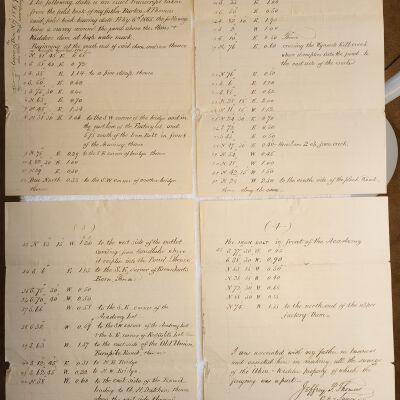 Doc # 29 Survey Documents 1921-10-15 FPO: Four-page handwritten transcript created by Springfield, NJ, surveyor Jeffery P. Thomas of a February 6th, 1865, Burton A. Thomas survey.  Jefferey was the son of Burton and a fellow surveyor.  The survey particularly mentions the Akins and Kidder Dams and likely relates to the issues highlighted in documents # 24 and # 25.