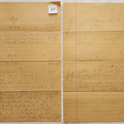 Doc # 30 Real Property Notations FPO: Three pages (one double-sided) of undated and unsigned real estate notations. Particularly mentions the Horton, Gleason, and Willis D. Larkin properties and someone named Filkins. Also FM's Recreation Hall.