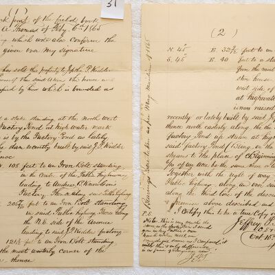 Doc # 31 Survey Documents 1921-10-16 FPO: Two pages of additional handwritten notations and transcripts by surveyor Jeffery P. Thomas regarding a February 6th, 1865, survey by his father Burton A. Thomas. The survey particularly mentions the Akins and Kidder Dams and likely relates to the issues highlighted in documents # 24, 25, and 29.