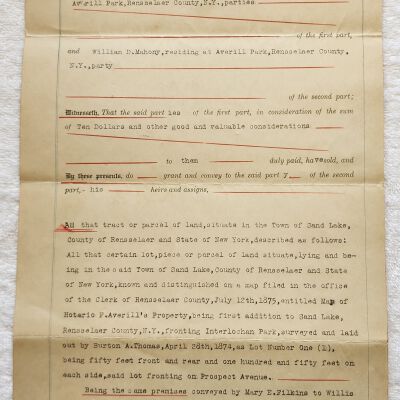Doc # 32 Indenture 1920-06-01 FPO: Willis D. Larkin and Alice C. Larkin to William D. Mahoney. Deeds property in Sand Lake from the Larkins to Mahoney. Mentions Mary E. Filkins as a previous owner.  Possibly relates to document #30.