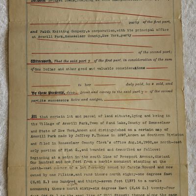 Doc # 34 Indenture 1915-12-22 FPO: Bridget Downs to FM. Deeds property located near Prospect Avenue in Sand Lake to FM. Also mentions Carrie Howard and Filkins.