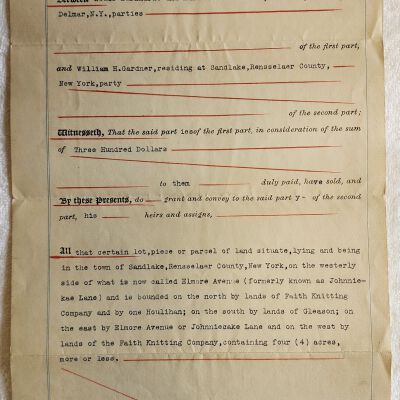 Doc # 35 Indenture 1918-07-17 FPO: Louis Burkhardt and Marion E. Burkhardt to William H. Gardner. Deeds land located near Elmore Avenue and Johnnycake Lane from the Burkhardts to Gardner. Note previous Burkhart entries may be related.  Also mentions Gleason and Houlihan.