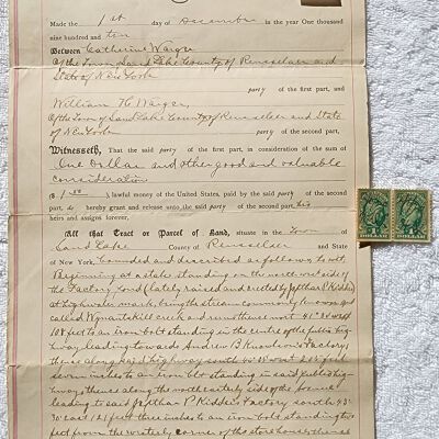 Doc # 36 Indenture 1910-12-01 FPO: Catherine Warger to William H. Warger. Deeds land located near the FM Mill streams apparently to one of her relatives. Also mentions Kidder Mill and properties and displays an additional example of mortgage recording tax stamps that were typically affixed to the late 19th through mid-20th century indentures.