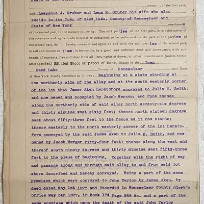 Doc # 37 Article of Agreement 1915-07-01 P1-of-2: Robert M. Kennedy and Carrie E. Kennedy to Lawrence J. Gruber and Lena M. Gruber. Essentially a mortgage agreement between the Kennedys and Grubers that sells property to the Grubers.  Also mentions James Aken, Julia E. Smith, Jacob Werger, John Taylor, and John H. Taylor.