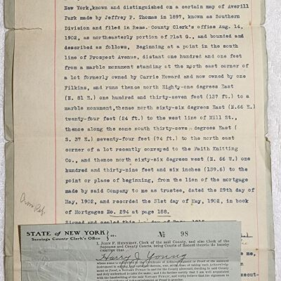 Doc # 38. Release of Lien 1915-12-28 P1-of-2: From Howard F. Bullard Trustee to the Averill Park Company. Releases a mortgage lien associated with property located in Sand Lake. Also mentions Peck H. Behan, Haus Dhal, Harry J. Young, and Carrie Howard.