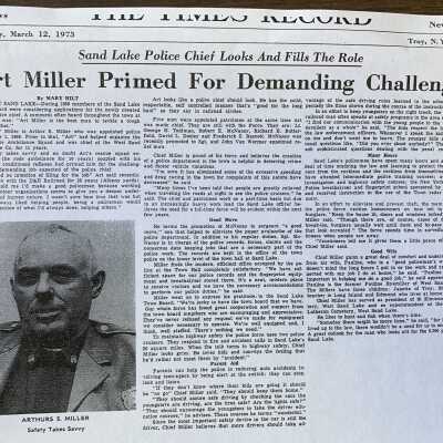 Art Miller Primed for Demanding Challenge Newspaper Article: March 12, 1973, Troy Times Record newspaper article regarding appointment of Arthur S. Miller as the first Police Chief of the TOSL.