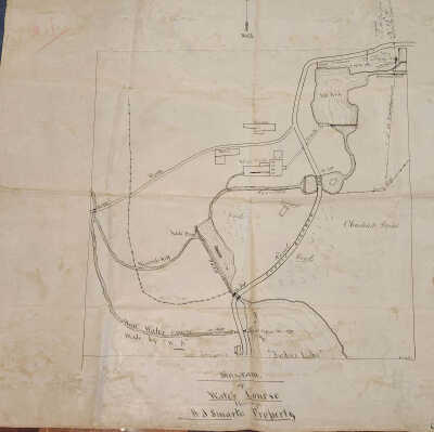 Doc # 157 Diagram of Water Course through A. J. Smart's Property FPO: One page PDF of an original map that was retained by Sharron Shepard for her personal preservation from the overall FM Document Collection due to its direct connection to the Shoemaker family. Bears a note in the lower right corner stating, "Copied from a map made by A.J.S., Jr., by J. P. Thomas," surveyor with A.J.S. likely being A. J. Smart. Notes the locations of the Paper and Cary Mills, Olmstead's Land, Silas Miller Farm, Haste Dam, Wynants Hill, P. Shoemaker property, and a "now water course" note apparently indicating redirection of the Wynantskill stream by someone named "W.A."