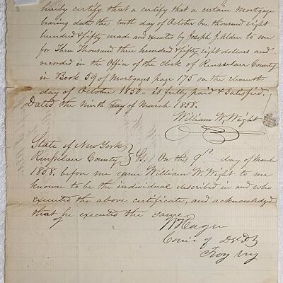 Doc # 103 Release of Lien 1858-03-12 FPO: Joseph Alden to William W. Wright. Certifies payment in full of an 1850 mortgage for $3,358 granted to Alden by Wright.