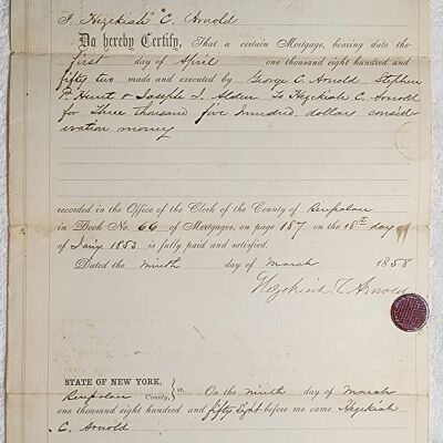 Doc # 104 Release of Lien 1858-03-09 FPO: Hezekiah C. Arnold to George C. Arnold and others. Certifies payment in full of an 1852 mortgage for $3,500 granted to Arnold, George P. Hunt, and Joseph Alden by Hezekiah. Curiously also note Hezekiah as one of the borrowers.