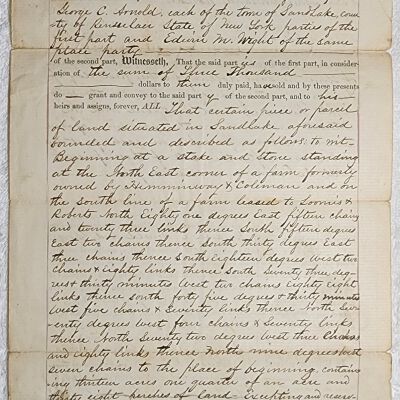 Doc # 107 Indenture 1858-02-01 P1-of-2: Hezekiah C. Arnold, Mary Arnold, and George C. Arnold to Edwin M. Wright. Appears to transfer land owned by the Arnolds to Wright in consideration of a $3,000 mortgage agreement.