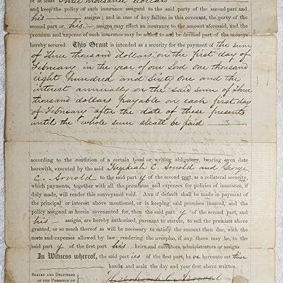 Doc # 107 Indenture (Continued) 1858-02-01 P2-of-2: Arnold to Wright indenture page 2.  The scratched-out Arnold signatures typically indicate repayment of the loan.