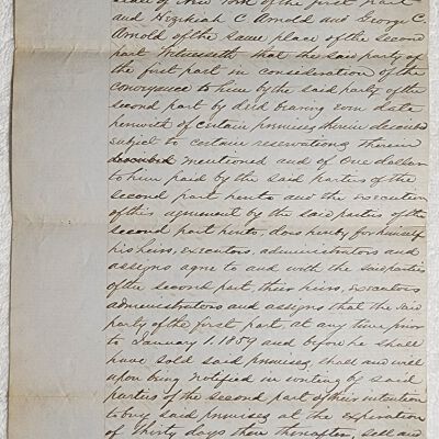 Doc # 108 Agreement 1857-10-23 P1-of-2: Between Daniel Wright and Hezekiah C. Arnold and George C. Arnold. Three-page handwritten agreement that appears to grant an option to buy or sell property at some time in the future for $6,000 provided a long list of conditions were met.
