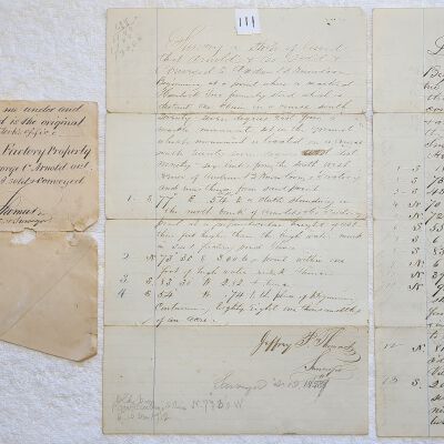 Doc # 111 Arnold Factory Survey Documents 1858 P1-of-2: Three additional survey documents created by Jeffery P. Thomas related to the Arnold Factory.  Partially dated as "1858" under Thomas' signature on page 2 of the longest version.  Thus, this was obviously a very important survey for some reason.  Specifically, the three progressively more abbreviated handwritten versions of survey results as compared to the longest version described by document #102 and similarly entitled, "Description of Arnold's & Co. Factory Property," which was also compiled by surveyor Jefferey P. Thomas.