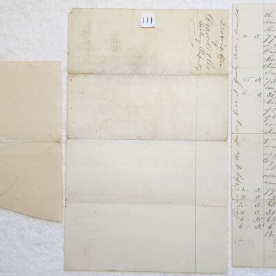 Doc # 111 Arnold Factory Survey Documents (Continued) 1858 P2-of-2: Reverse sides and additional notes.  The set includes an abbreviated two-page, single-page, and a quarter-page summary of the results written on a repurposed mailing envelope. The middle-length copy is further annotated on page 2 as the version that was provided to Collins Arnold for some unspecified reason and that the property was conveyed to Andrew B. Knowlson.  In addition, given the similar fractional acreage variations noted on the 1/4 page version, this may have been the survey sent to the NYS Office of the State Engineer for validation per document #84 in 1875 because it failed to "close" properly.