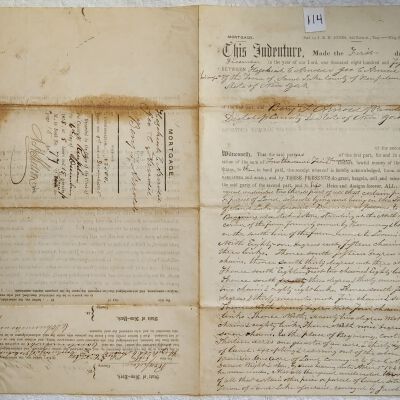 Doc # 114 Indenture 1855-12-01 P1-of-2: Hezekiah C. Arnold and George C. Arnold to Benjamin F. Arnold. Appears to transfer land owned by the Arnolds to Benjamin Arnold in consideration of a one-year $2,500 mortgage agreement.