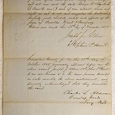 Doc # 115 Agreement 1855-11-28 FPO: Between Hezekiah C. Arnold and George C. Arnold and Stephen P. Hunt and Joseph J. Alden. Sells all of Hunt's and Alden's interest in their former partnership entitled "Arnold, Hunt & Company". Notes a nominal price of $1, but likely much more given the value noted by document entry #113.