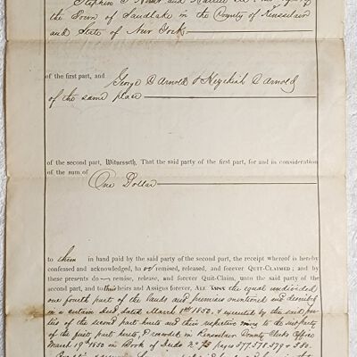 Doc # 116. Indenture 1855-11-28 FPO: Stephen P. Hunt and Harriet Hunt to Hezekiah C. Arnold and George C. Arnold. Quit-claim deeds property from the Hunts to the Arnolds. Price undisclosed. Refers to a previous 1850 deed.