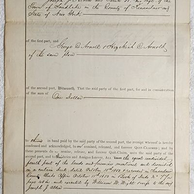 Doc # 117 Indenture 1855-11-28 FPO: Stephen P. Hunt and Harriet Hunt to Hezekiah C. Arnold and George C. Arnold. Quit-claim deeds property from the Hunts to the Arnolds. Price undisclosed. Very similar to document entry 116, but specifically relates to the, "equal undivided fourth part," in a previous October 10, 1850, deed.