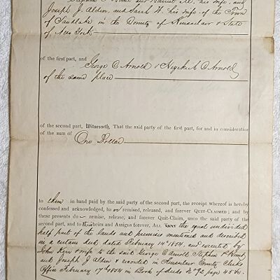 Doc # 118 Indenture 1855-11-28 FPO: Stephen P. Hunt and Harriet Hunt and Joseph J. Alden and Sarah Alden to Hezekiah C. Arnold and George C. Arnold. Quit-claim deeds property from the Hunts and Aldens to the Arnolds. Price undisclosed. Very similar to document entries 116 and 117, but specifically relates to the, "equal undivided half part," in a previous February 14, 1854, deed that was executed by John Kerr and his wife.