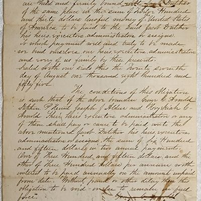 Doc # 119 Bond 1855-08-27 P1-of-2: Stephen P. Hunt, Joseph J. Alden, Hezekiah C. Arnold, and George C. Arnold bound to Jacob Dutcher. Specifies provisions for Dutcher lending Hunt, Alden, and the Arnolds $1,230.  Paid in full by 1859. The crossed-out signatures apparently do indicate full payment per a note next to them.
