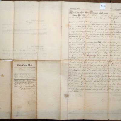 Doc # 120 Indenture 1855-03-10 P1-of-2: William Smith to Stephen P. Hunt, Joseph J. Alden, Hezekiah C. Arnold and George C. Arnold. Quit claim-deeds land from Smith to Hunt, Alden and the Arnolds for $30. References deeds dating back to 1807 and 1810 and Rensselaer County's earliest settlers.