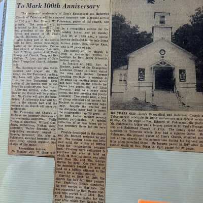 "Zion churct at Taborton to mark 100th anniversary" Troy Record, June 28, 1952: first page only of a two-page article