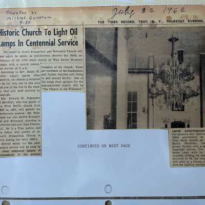 "Historic church to light oil lamps in centennial service" July 22, 1962, p.1