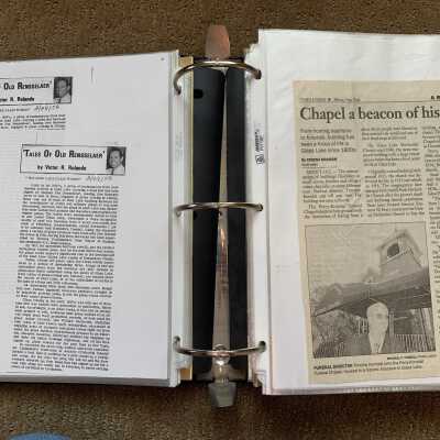 Left: Tales of Old Rensselaer article Glass Lake and Factory reminiscences: Right:  Timothy Komdat Perry-Komdat funeral home newspaper article