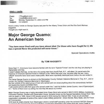 Major George Quamo: An American Hero: Downloadable PDF of the text of an Albany Times Union and Khe Sahn Marines Magazine article by Tom Haggerty detailing the character and heroics of Major Quamo.  Downloadable PDF document.  Hardcopy located in the Major George Quamo folder stored in Drawer 1 of SLHS File Cabinet 2 on the 2nd floor of Town Hall.