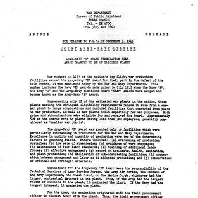 Army-Navy E-Award Press Release and Description
