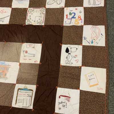 Averill Park School Quilt - Upper Right Corner View: Quilt featuring the names and favorite things of Averill Park teachers and students.  Reportedly primarily by former TOSL Clerk Barbara Biittig.