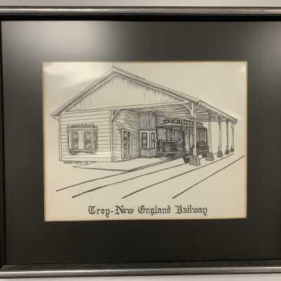 Sketch of the Troy New England Railway Trolley Station, Sand Lake, NY: One of nine pencil and paper sketches use to help provide the artwork needed to produce a commemorative ceramic plate and postcards in celebration of the US bicentennial.  Signed Marian Eaton 1975.