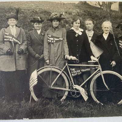 Ladies of the Loyal Temperance Legion of Averill Park and Sand Lake Postcard: Front of postcard.  The banners note that the, "Liquor traffic must stop."  This is a Town of Sand Lake owned item.