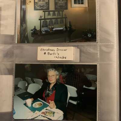 PB3 Page 24 - Christmas at the Berti's December 2006: Top - Oriental bells at Berti's house.  Bottom Nancy Davis SLHS President.