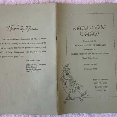 Page Protector 14 - Play Programs - January Thaw - Covers: Sponsored by the Kiwanis Club on May 22, 1950.  Just the credits shown in the following photos.  However, the advertisement pages include notations regarding a wide range of local businesses and may also be of interest.