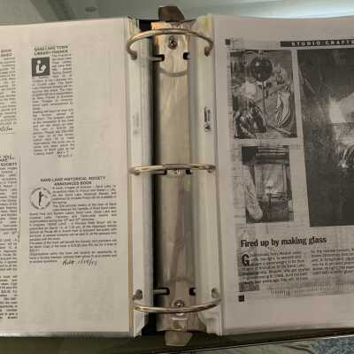 NAB Pages 27 and 28: Left side - September of 2000 Times Union article soliciting historic photos for the Sand Lake book.  Right side - October 2001 Times Union article regarding local glass blower Terry Weaver.