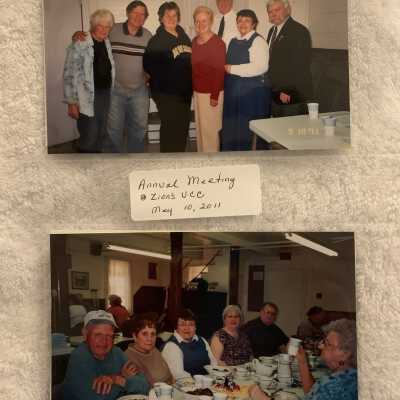 PB3 Page 65 - Annual Meeting at Zion's United Church of Christ May 2011: Top - Joyce and Robert Baum, Barbara Neu Berti, Gloria Hukle, Pastor Bob Loesch, Joan Fuess and John McEvilly.
Bottom - Warren and Stephanie Weiss, Joan Fuess, Gail and Mike St Germain, Bob Baum and Polly Kimmey.