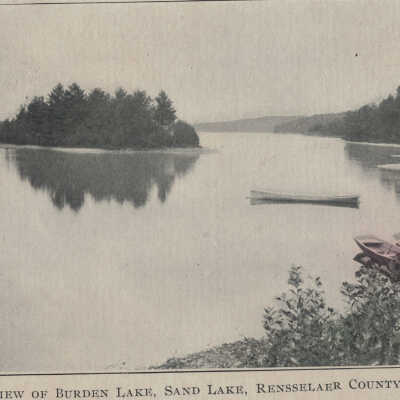 View of Burden Lake, Sand Lake, Rensselaer County, NY: View of Burden Lake, Sand Lake, Rensselaer County, NY, postcard.  Includes boats and an island.