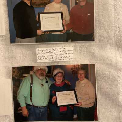 PB3 Page 35 - December 2008: Top - Certificates of Appreciation to Miller Young (Young's Pharmacy) and Robert Phaneuf (Island Bob's) for historic restoration of their businesses.  
Bottom - Certificate of Appreciation to the Bertis for their restoration of the Knowlson House.