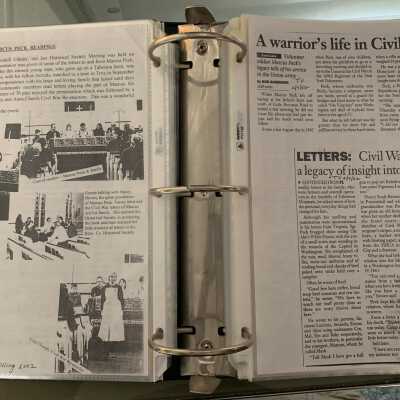 NAB Pages 31 and 32: Left Side - A Spring of 2002 The Poest Script article regarding letters that Civil War soldier Marcus Peck of Bowman Pond wrote home and well as Civil War reenactments done.  Right side - A February of 2002 Times Union article regarding the Peck letters.