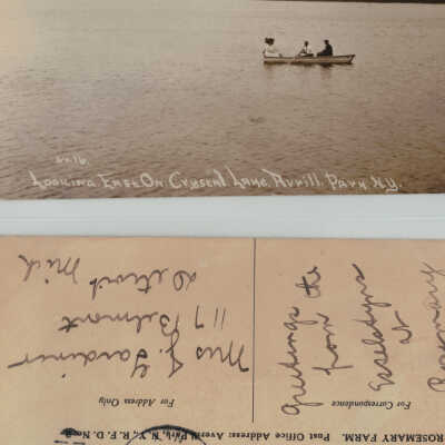 Looking East on Crystal Lake, Averill Park, NY: Looking East on Crystal Lake, Averill Park, NY, postcard.  Reverse notes a Rosemary Farm connection with a July 27, 1917 postmark and addressing to Mrs. J. Gardiner, 117 Belmont, Detroit, Michigan.