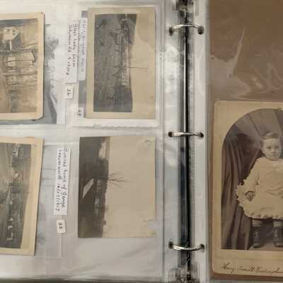 PPB Pages 25 and 26: Left side (32) Glass Lake looking from Schumann Road (33) George Leavenworth's house burned 1917 (34) Anna Leavenworth and Leslie French home on Schumann Road (35) Glass Lake Hamlet from Schumann Road in 1920s.  Right side (36) Henry Averill Buckingham.