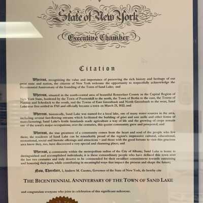 Bicentennial Legislative Citation: NYS Legislature Citation commemorating the 200th anniversary of the Town of Sand Lake