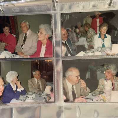 PB1 Page 36 - 1993 Annual Meeting Crooked Lake House: Upper left - Marjorie Larsen and Wes and Ada Miller
Upper right - Bill and Helen Deyo and Norma Bubie.
Lower left - Marjorie and Paul Rummell and Bob Anderson
Lower right - The Leckonbys